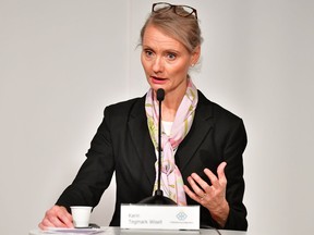 Karin Tegmark Wisell, Head of Sweden's Public Health Agency, speaks during a news conference to update on the coronavirus disease (COVID-19) pandemic situation in the country, in Stockholm, Sweden November 5, 2020.