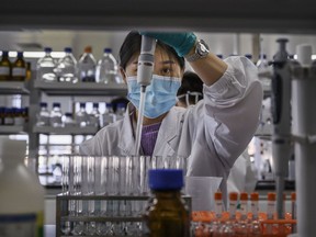 A technician works in a lab at Sinovac Biotech where the company is producing their potential COVID-19 vaccine CoronaVac during a media tour on Sept. 24, 2020 in Beijing, China.