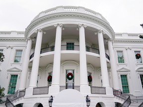 Christmas wreaths decorate the White House in Washington on Nov. 22, 2020.