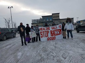 Telly Bear led a walk from CrossIron Mills to Airdrie on Saturday, Dec. 12 to raise awareness of racism in Alberta. Bear and his wife, Judy Bear, were victims of an assault in Airdrie on Dec. 3.