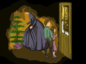 An illustration being used to help tell the story in Morpheus Theatre's A Christmas Carol.