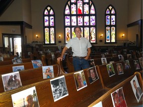 John Pentland from Hillhurst United Church where photos of parishoners and others were taped to pews to make the church feel less empty -- especially during online sermons -- near the start of the pandemic
in Calgary.