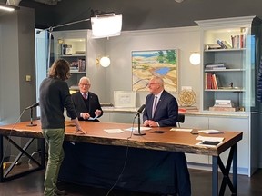 Kim McConnell (right), chair of the Top 7 Over 70 committee, and Jim Gray (middle), founder of Top 7 Over 70, talk to Rob Kelly of Kelly Brothers Productions before announcing that the 2021 instalment of the Top 7 Over 70 will be going ahead. Supplied photo.