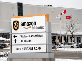 One of Amazon's “fulfillment centres” in Brampton, Ontario. Factories, food-processing facilities and distribution centres feeding the surge in online retailing have generally been allowed to stay open during Ontario's COVID-19 lockdowns.