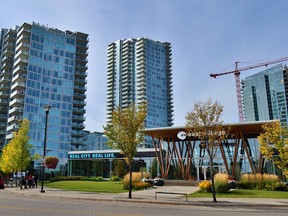 Recently constructed buildings in Calgary's East Village are seen on Tuesday, Sept. 22, 2020.