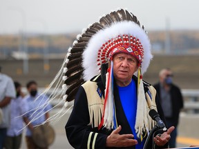 Tsuut’ina Chief Roy Whitney speaks at the opening of the Tsuut’ina Trail section of the southwest Calgary ring road on Thursday, Oct. 1, 2020.