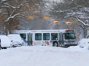 A bus remained stuck for hours on 12th Street N.E. in Calgary — one of hundreds of stranded and stuck vehicles across the city on Tuesday, Dec. 22, 2020 after a winter storm blanketed the city overnight.