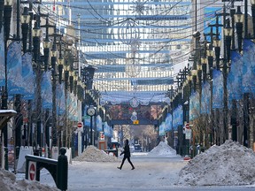 A near-empty Stephen Avenue mall reflects the hardships of restaurants and businesses dealing with pandemic restrictions in Calgary on Tuesday, Dec. 29, 2020.