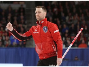 Newfoundland and Labrador skip Brad Gushue fist pumps after a shot  during a 7-3 win over Alberta in the final of the 2020 Tim Hortons Brier in Kingston on March 8, 2020. File photo by Ian MacAlpine/Postmedia Network.