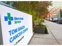 The Alberta Health Services logo is seen on at the Tom Baker Cancer Centre in Calgary on Tuesday, October 13, 2020.