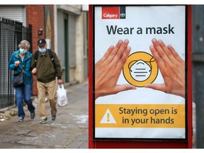 A City of Calgary sign encourages Calgarians to wear masks to help avoid another lockdown amidst rising cases of COVID-19 on Wednesday, Oct. 14, 2020.