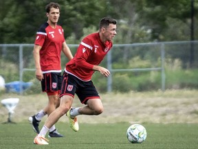 Cavalry FC players Nik Ledgerwood and Mason Trafford (left) and are shown during training in Prince Edward Island at the Canadian Premier League Island Games in August 2020.