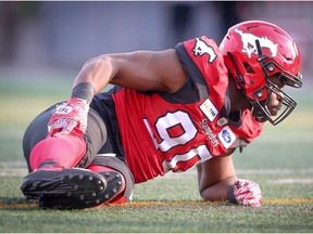 Calgary Stampeders Folarin Orimolade was injured early in the game against the Saskatchewan Roughriders during CFL pre-season football in Calgary on Friday, May 31, 2019. Al Charest/Postmedia