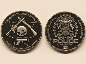 A Calgary Police Service firearms training team challenge coin depicts a bullet hole through a skull, surrounded by three guns and the phrase "saving lives." Calgary police have prohibited further distribution of the coin, calling the design "obviously offensive."