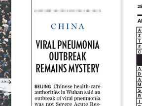 The first mention of the virus that would become known as COVID-19 in the Calgary Herald on Jan. 6, 2020.