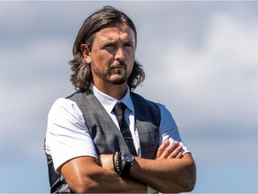 Cavalry FC coach/ GM Tommy Wheeldon Jr watches the match against Valour FC on Sunday, August 16, 2020 during Canadian Premier League Island Games in Charlottetown, Prince Edward Island. Cavalry FC won 2-0.