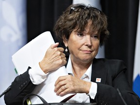 Quebec ombudswoman Marie Rinfret arrives at a news conference to unveil her annual report in Quebec City on Sept. 24, 2020. A report released today by Rinfret has found that Quebec’s long-term care system failed in its duty to ensure the safety and dignity of residents during the first wave of COVID-19.