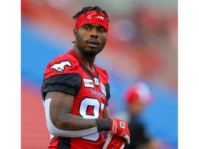 Stampeders receiver Josh Huff warms up before facing the Hamilton Tiger-Cats in CFL football in this photo from Sept. 14, 2019. File photo by Al Charest/Postmedia.