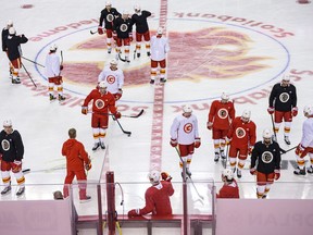 The Calgary Flames take part in training camp at the Scotiabank Saddledome on Wednesday, Jan. 13, 2021.