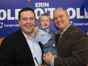 Jason Kenney with Erin O'Toole and O'Toole's son Jack in 2012. The two discussed policies on a streamed video for about 10 minutes October 17, 2020 at the UCP AGM in Nobleford.