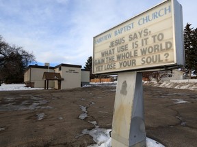 Fairview Baptist Church in Calgary was photographed on Monday, January 11, 2021. The church was visited again by police and bylaw officers on Sunday for violating pandemic restrictions.