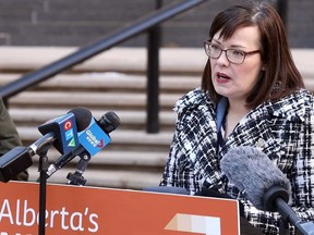 NDP energy critic Kathleen Ganley speaks to the media at a press conference on the steps of the McDougall Center in Calgary.