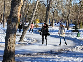 Skaters in North Glenmore Park on a sunny afternoon, Thursday, Jan. 14, 2021.