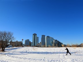 Calgarians enjoy cross-country skiing through the historic Fort Calgary area on Saturday, Jan. 30, 2021. The ski loop, a first for the area, is a collaboration between Fort Calgary, the East Village and the Foothills Nordic Ski Club.