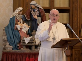 Pope Francis delivers the Angelus prayer from the Vatican Apostolic Library Jan. 1, 2021.