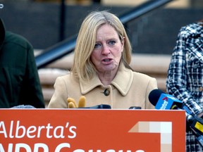 Alberta's Leader of the Opposition Rachel Notley speaks to reporters outside the McDougall Centre. Monday, Jan. 18, 2021.