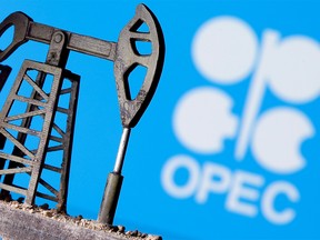 FILE PHOTO: A 3D printed oil pump jack is seen in front of the OPEC logo in this April 14, 2020, illustration picture.