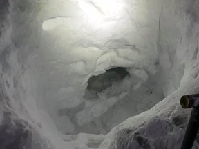 A 'snow shed' is shown in the south Cariboo region in this recent handout photo. A B.C. teen who got lost while snowmobiling with family and friends survived a night comfortably in a snow cave.