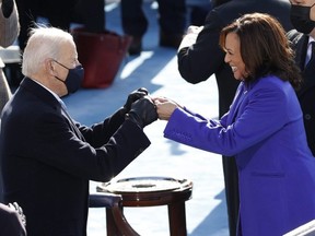 President-elect Joe Biden and Vice President Kamala Harris during the inauguration of Joe Biden as the 46th President of the United States on the West Front of the U.S. Capitol in Washington, U.S., January 20, 2021. PHOTO BY REUTERS/BRENDAN MCDERMID