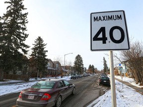 A 40 km/h residential zone along 12th Avenue N.W. was photographed on Sunday, Jan. 31, 2021. Calgary City Council decides Monday whether to send the issue of lowering residential speed limits citywide to a plebiscite, or lower them to 40 km/h.
