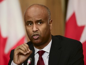 Minister of Families, Children and Social Development Ahmed Hussen speaks during a press conference in Ottawa, Tuesday, Oct. 27, 2020.