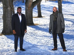 Chucks Okafor, left, and Jon Cornish, with the Calgary Black Chambers, were photographed in Calgary on Thursday, Jan. 14, 2021.