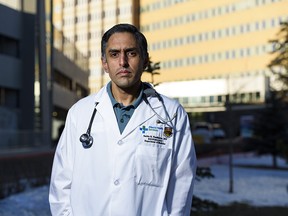 Dr. Sachin Pendharkar, respiratory physician and professor at the University of Calgary's Cumming School of Medicine,  outside the Foothills Hospital on Jan. 22, 2021. Dr. Pendharkar is a respiratory physician working on the COVID-19 unit at Foothills.