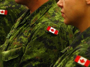 File - Canada Canadian flag shoulder patches on army armed forces uniforms.