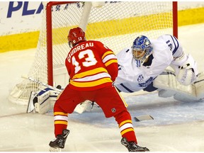 Calgary Flames winger Johnny Gaudreau scores on Toronto Maple Leafs goalie Frederik Andersen in second-period action at the Scotiabank Saddledome in Calgary on Tuesday, January 26, 2021. Darren Makowichuk/Postmedia