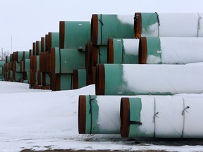 A depot used to store pipes for the planned Keystone XL oil pipeline is seen in Gascoyne, North Dakota, on Jan. 25, 2017.