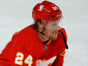 Calgary Flames Brett Ritchie during warm-up before an intrasquad game at NHL training camp in Calgary on Monday January 11, 2021. Al Charest / Postmedia