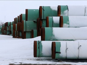 A depot used to store pipes for TC Energy's planned Keystone XL oil pipeline is seen in Gascoyne, North Dakota, on Jan. 25, 2017.