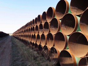Pipe intended for the Keystone XL pipeline project sit in North Dakota.
