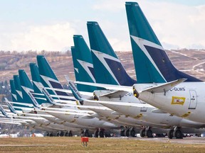 Sidelined WestJet Boeing 737 jets are parked at Calgary International Airport.