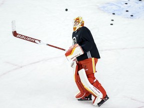 Calgary Flames Louis Domingue during the team practice in Saddledome on Friday, January 15, 2021. Azin Ghaffari/Postmedia