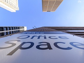 With the high downtown office vacancy rate in Calgary, For Lease signs are frequently seen on office buildings.