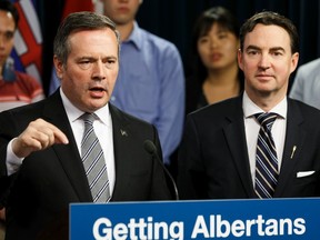 Premier Jason Kenney (left) and Minister of Labour and Immigration Jason Copping, pictured at the Alberta Legislature in June 2019, announced a one-time $1,200 payment for eligible frontline workers in the province amid the COVID-19 pandemic on Wednesday. Photo by Ian Kucerak/Postmedia