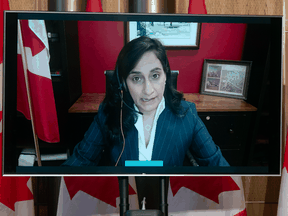 Procurement Minister Anita Anand announces a delay to COVID vaccine delivery via videoconference, Friday, January 15, 2021 in Ottawa.