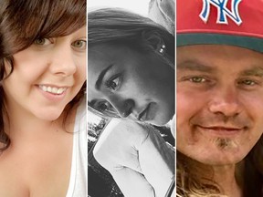 Kimberly Davidson, 27 (L), Rachael Sorenson, 21 (C), and Trevor Brown, 31 (R) are shown in Facebook photos. They died from an overdose over the weekend in Drumheller, AB due to what police suspect were tainted drugs. Mounties suspect drugs were laced with fentanyl, carfentanil or methamphetamines.