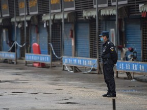 A security guard stands outside the Huanan Seafood Wholesale Market in Wuhan on Jan. 24, 2020.